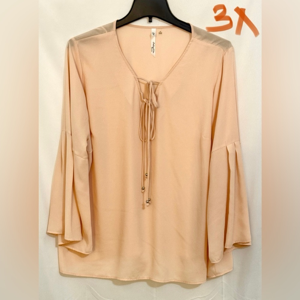 NY Collection Peach Blouse with Tie-Front and Bell Sleeves